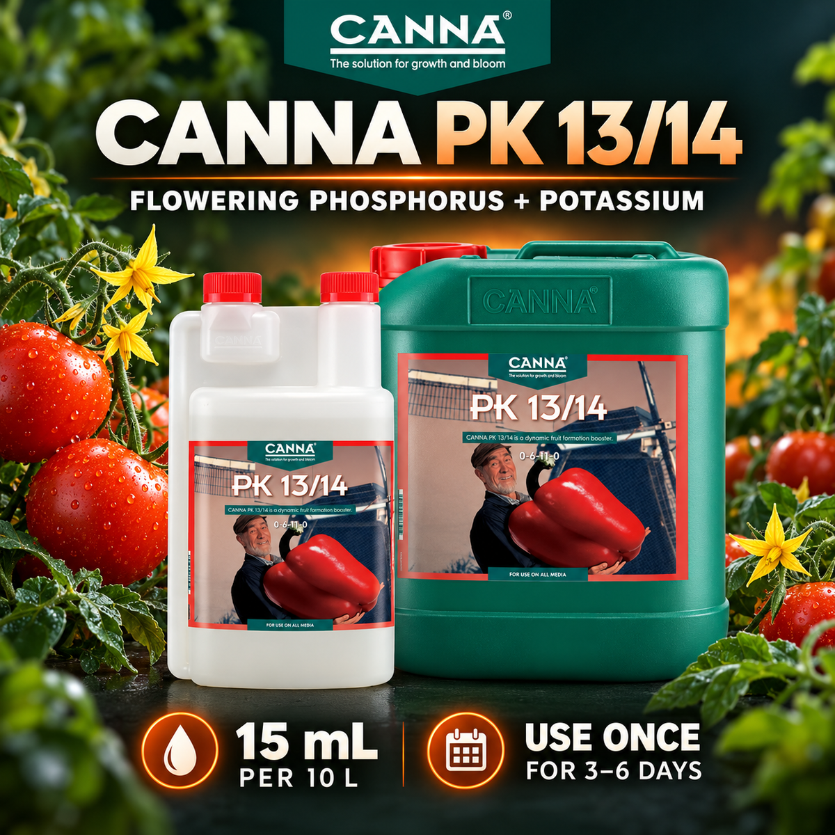 General advertisement for CANNA PK 13/14 with 1L and 5L packs beside flowering tomato plants