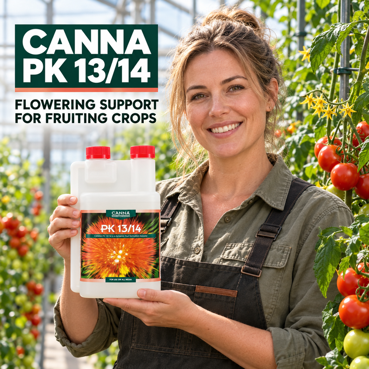 Australian horticulturist holding CANNA PK 13/14 in a tomato greenhouse