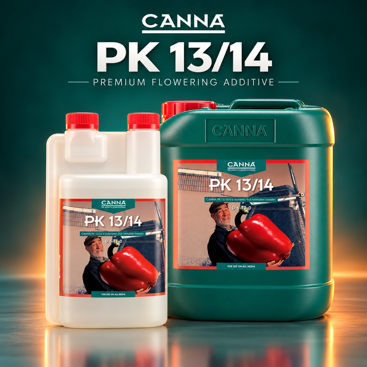 Premium 3D studio render of CANNA PK 13/14 1L and 5L packaging