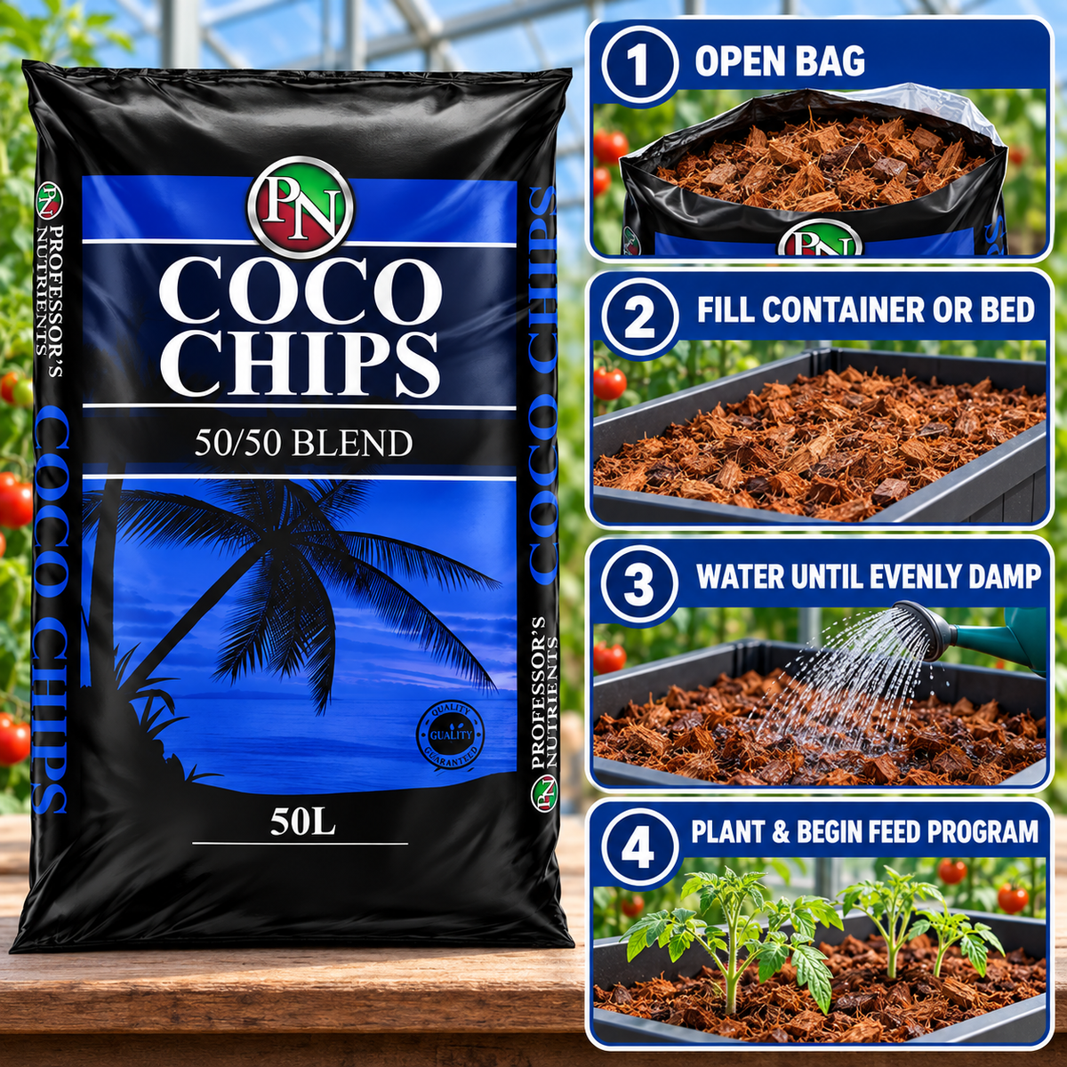 AI-created four-step guide for opening, filling, watering and planting with Professor's Coco Chips 50/50 Blend 50L.