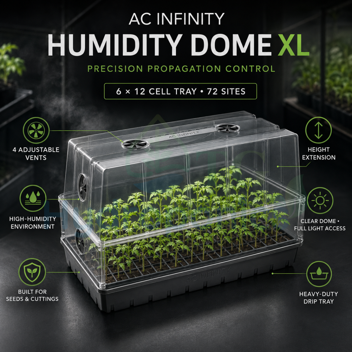 AC Infinity Humidity Dome XL Propagation Kit, 6x12 Cell Tray with Height Extension