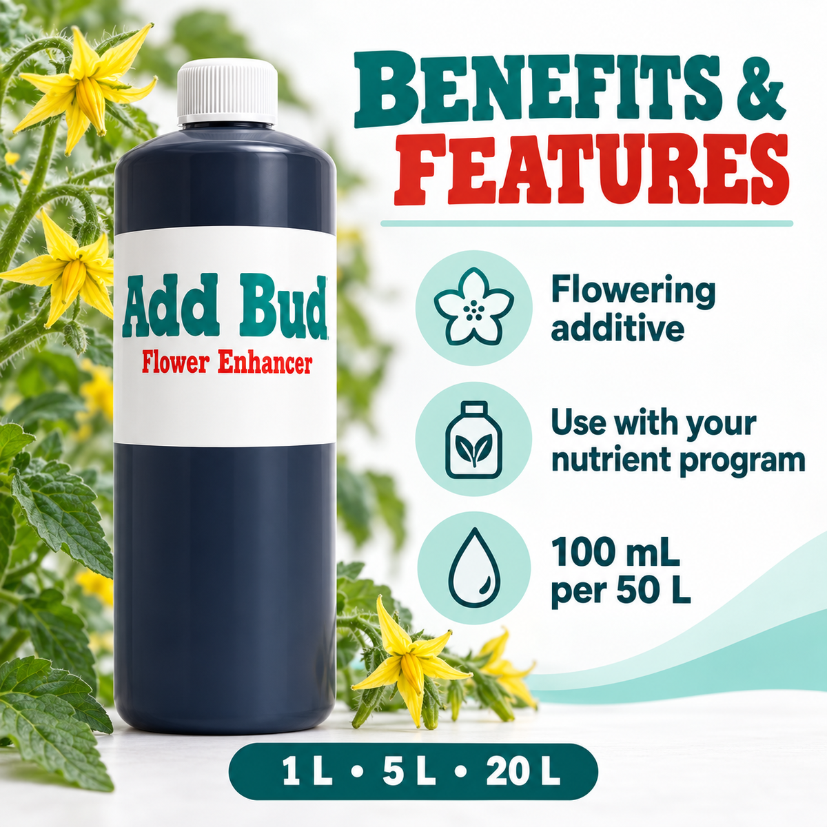 ADD BUD Flower Enhancer benefits, feeding-program use and 100 mL per 50 L rate