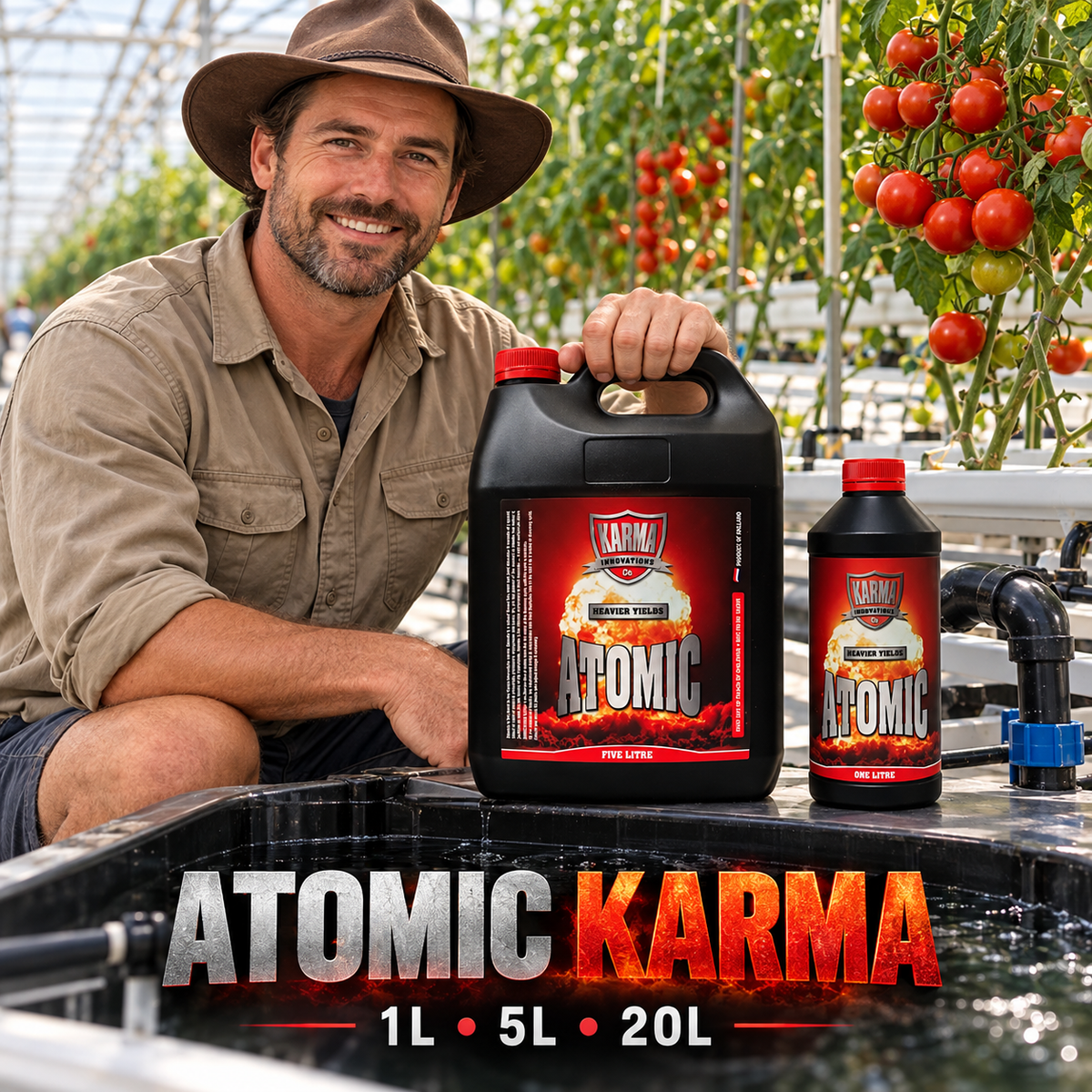Adult Australian tomato greenhouse grower presenting closed 5L and 1L ATOMIC KARMA containers beside a hydroponic reservoir.