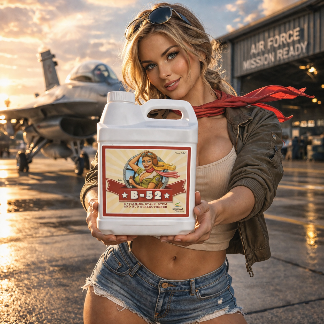Woman holding a container labeled 'B-52