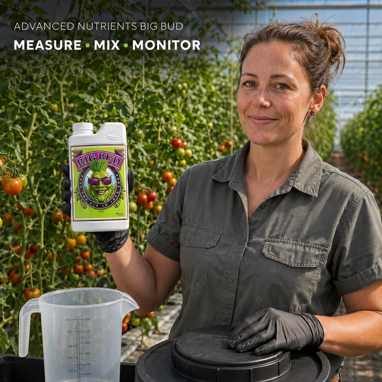 Adult Australian greenhouse grower presenting Advanced Nutrients Big Bud beside tomato plants and nutrient-mixing equipment.
