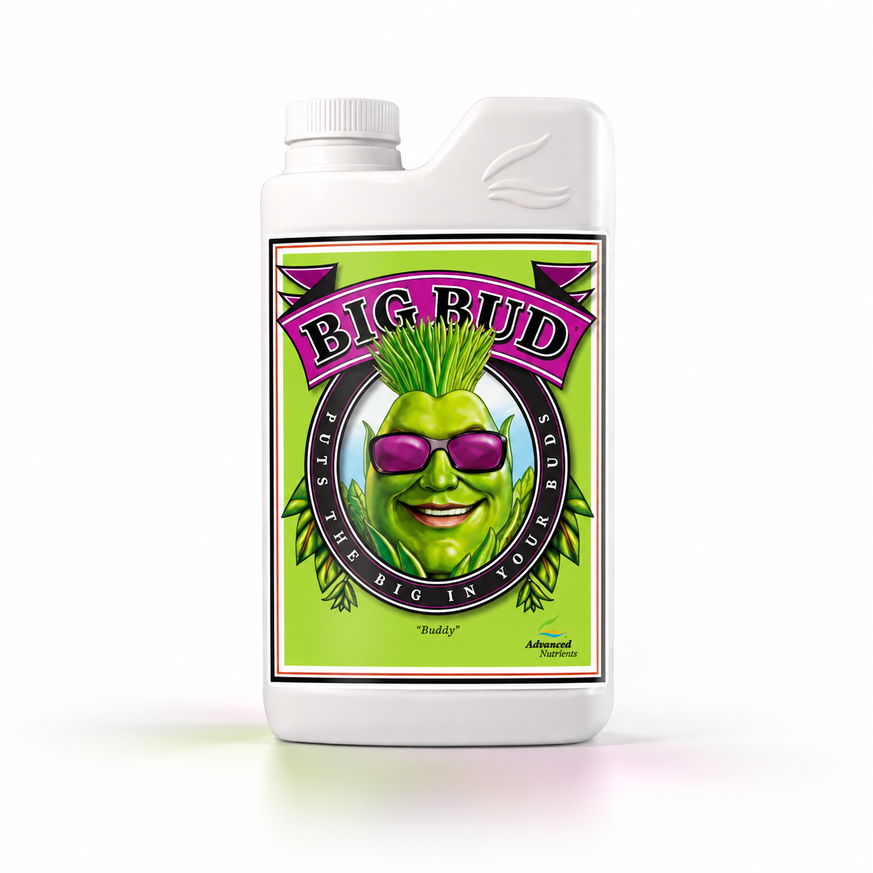 Premium three-quarter 3D render of the white Advanced Nutrients Big Bud bottle with green and magenta label.