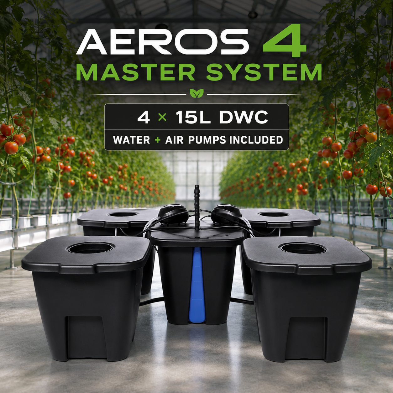 Aeros 4 Master System DWC 4 x 15L Pot System includes Water and Air Pumps