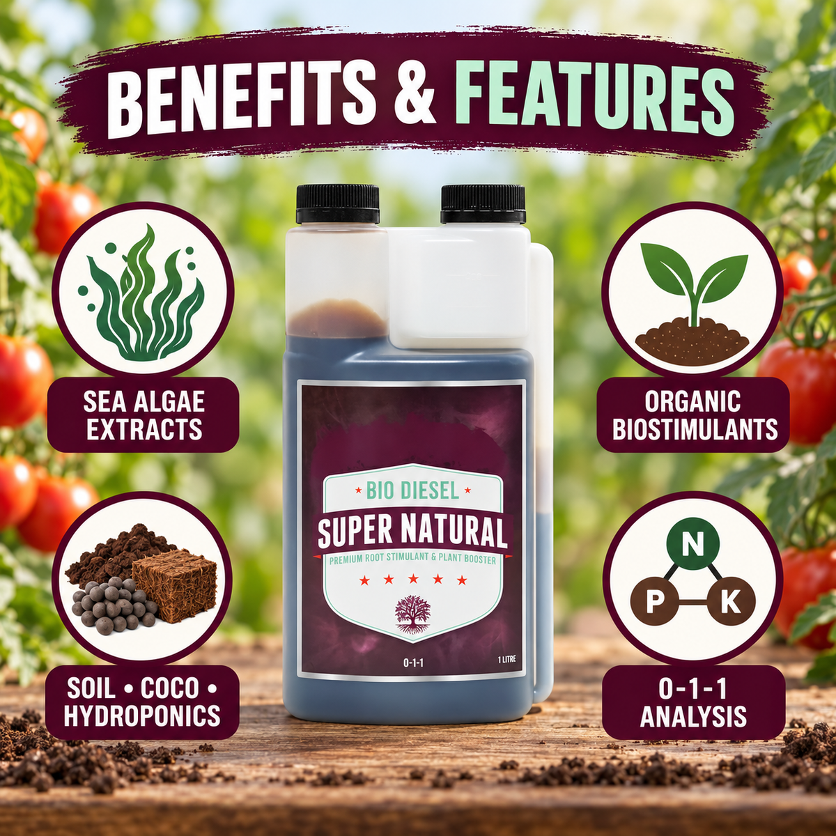 Bio Diesel Super Natural features infographic showing sea-algae extracts, organic biostimulants, 0-1-1 analysis and soil, coco and hydroponic compatibility.