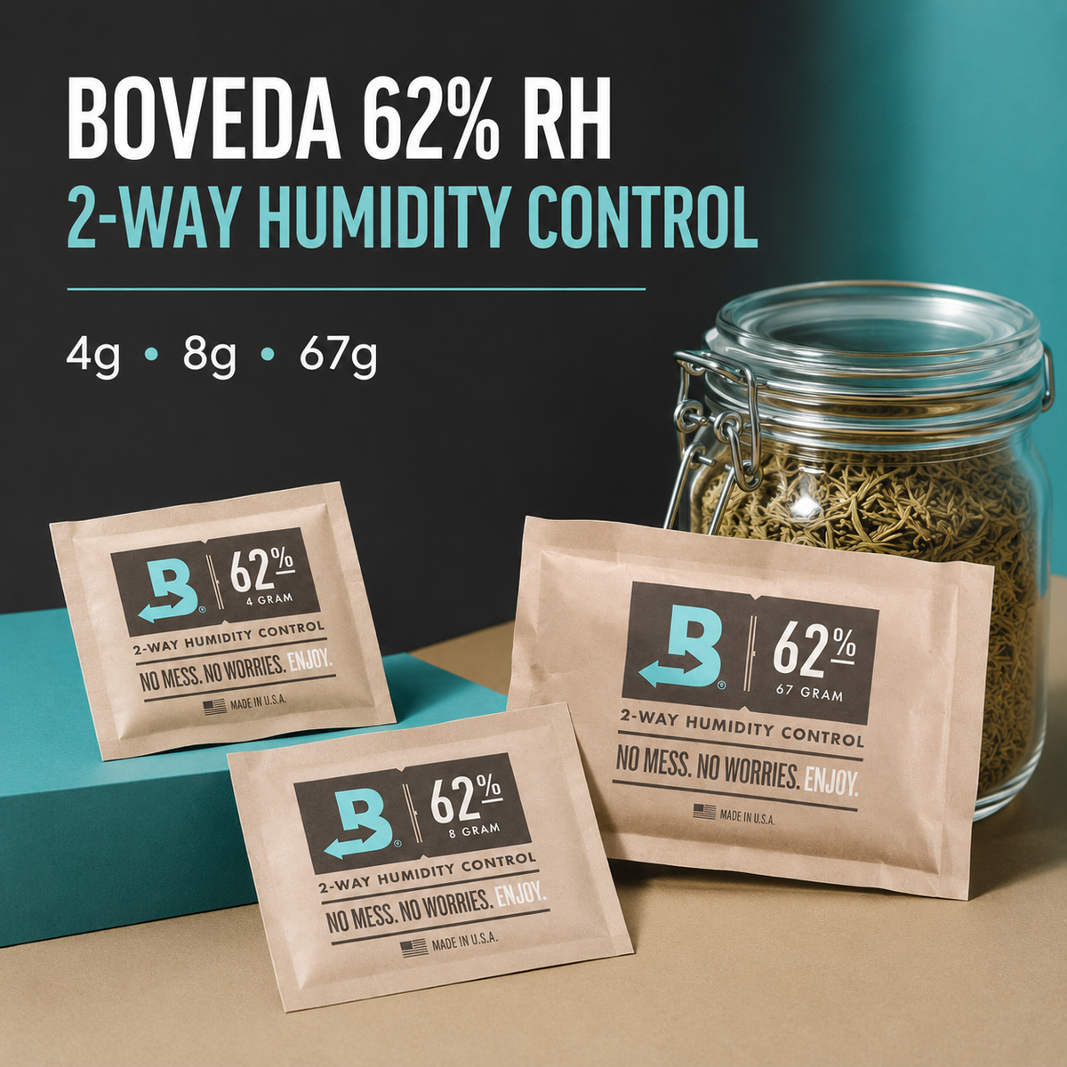 General product advertisement for Boveda 62% RH two-way humidity packs in 4g, 8g and 67g beside a sealed jar of dried culinary rosemary.