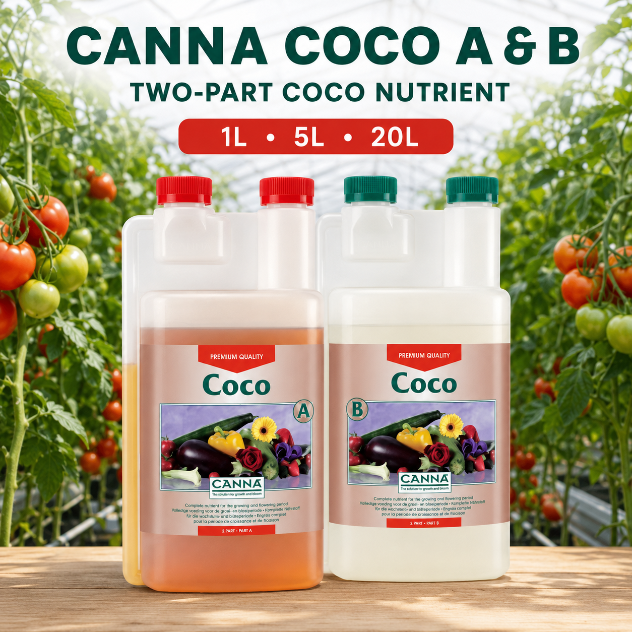 General product advertisement for CANNA Coco A & B with the matched nutrient pair in a tomato greenhouse and 1L, 5L and 20L options.