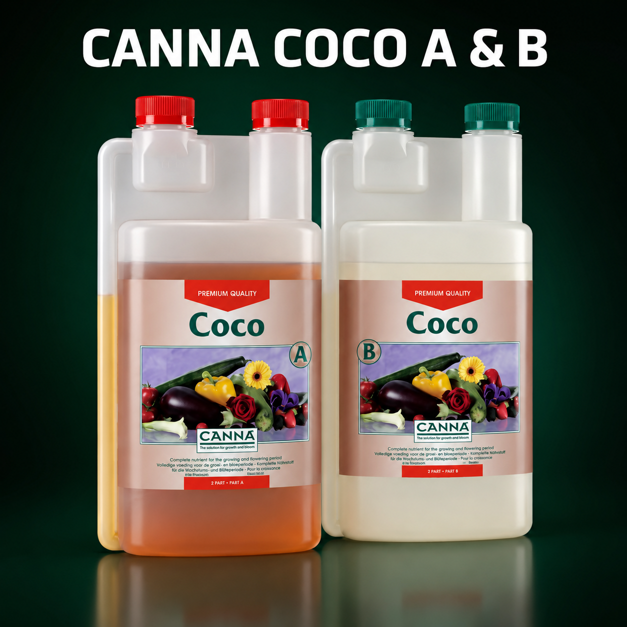 Premium three-quarter 3D render of matched CANNA Coco Part A and Part B bottles on a dark green background.