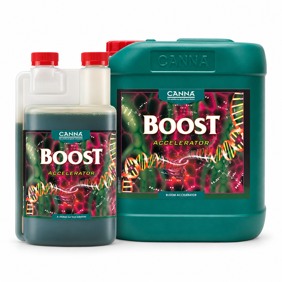 AI-created clean studio render of CANNA Boost Accelerator 1L and 5L products on a white background