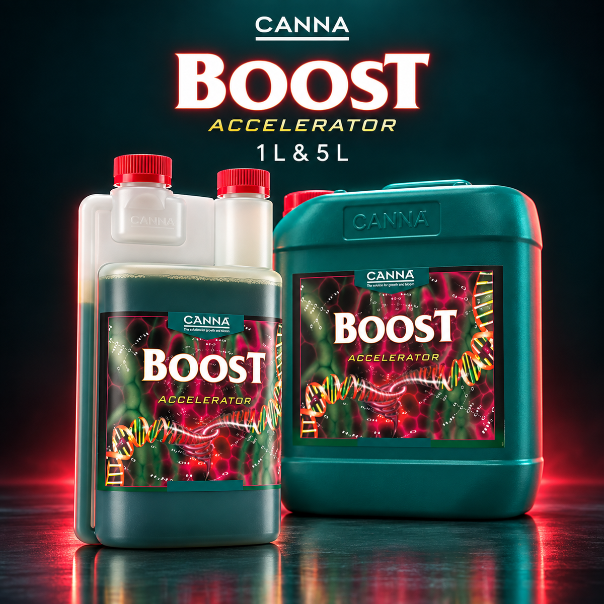 Premium studio render of CANNA Boost Accelerator 1L and 5L products