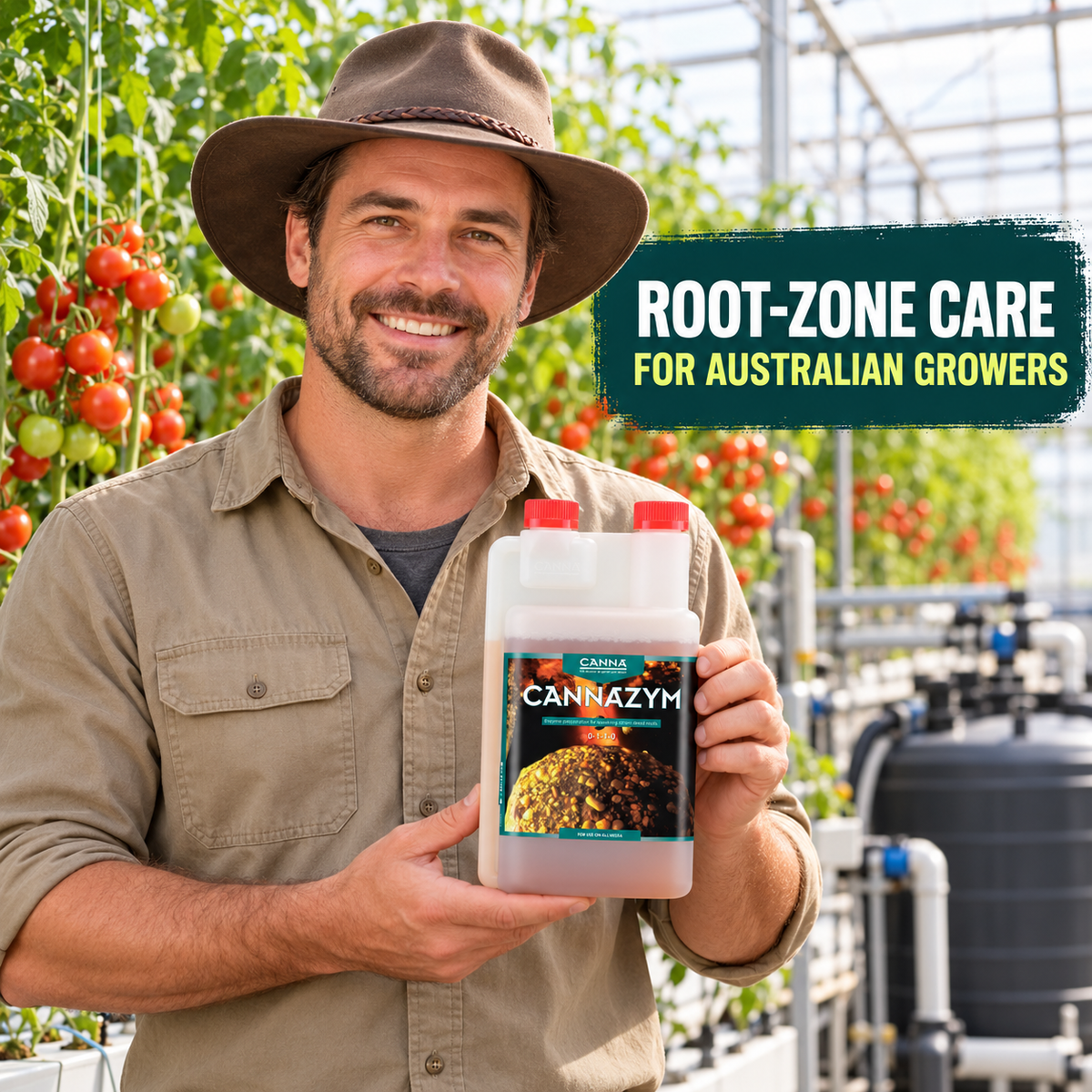 Adult Australian tomato greenhouse grower holding a closed Canna Cannazym 1L bottle