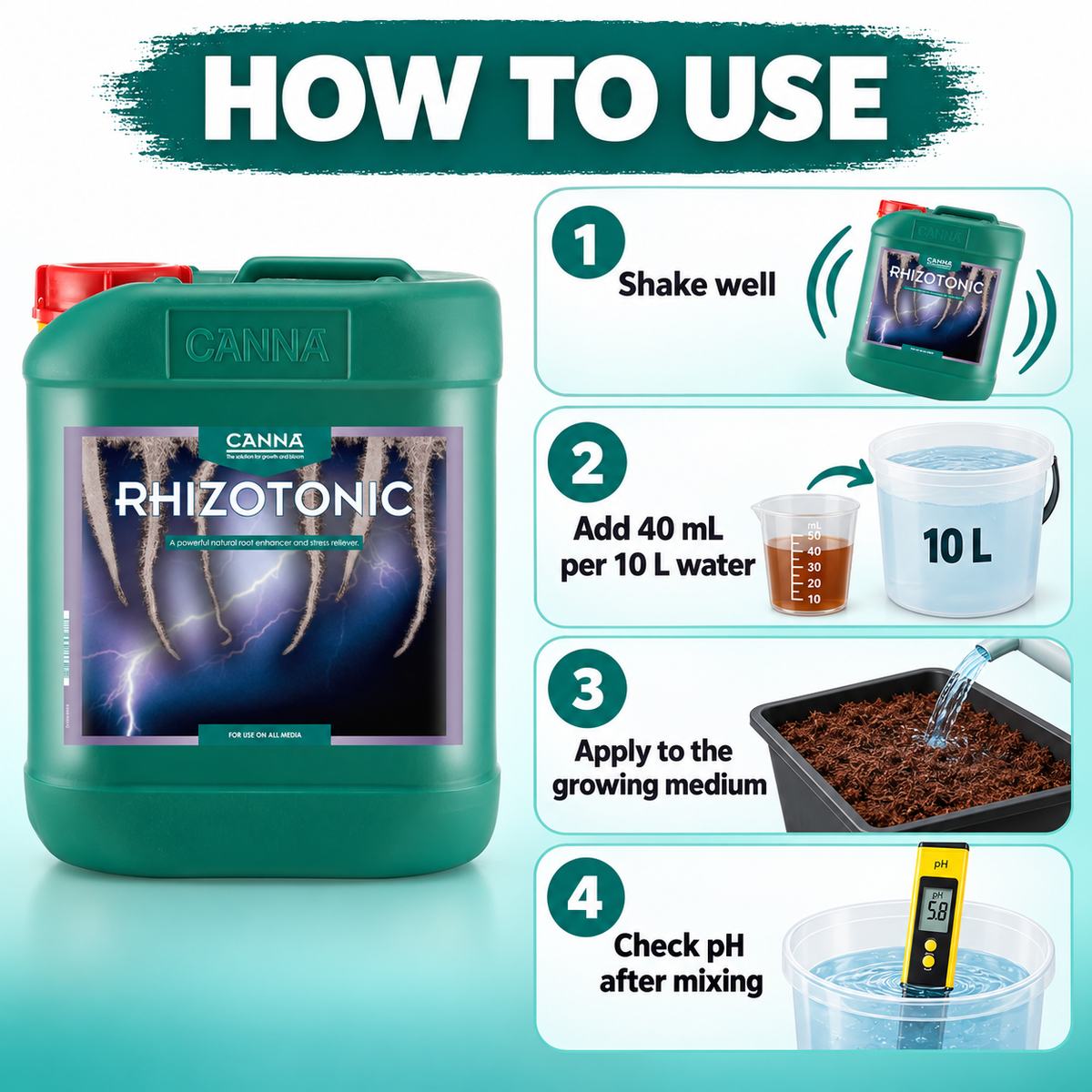 AI-created CANNA RHIZOTONIC instructions showing 40 mL per 10 L water and pH checking.