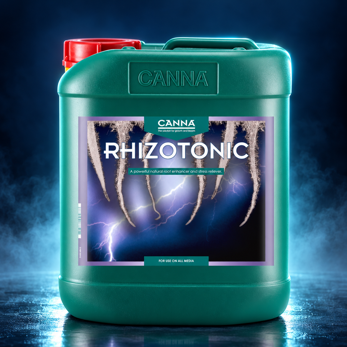 AI-created premium studio render of the CANNA RHIZOTONIC 5L container.