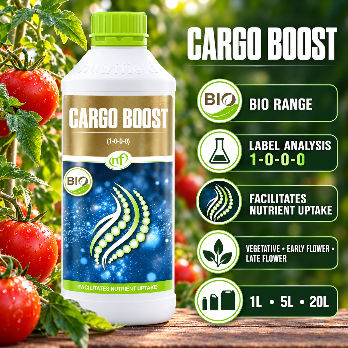 Cargo Boost features infographic showing Bio range, 1-0-0-0 front-label identifier, nutrient-uptake purpose, growth stages and available sizes.