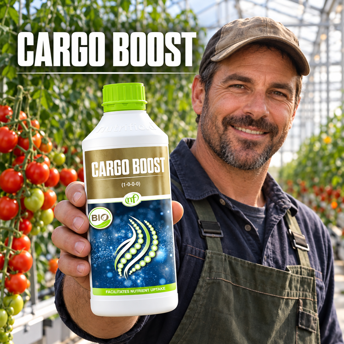 Adult Australian tomato greenhouse grower presenting a closed Nutrifield Cargo Boost 1L bottle.