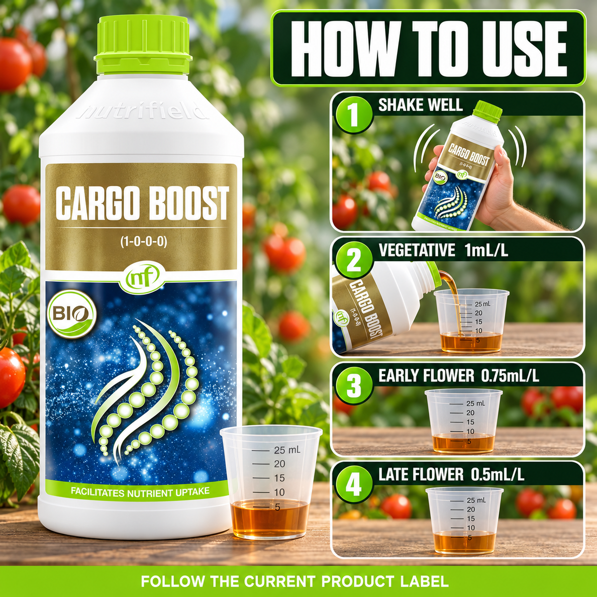 Four-step Cargo Boost guide: shake well, use 1mL/L in vegetative growth, 0.75mL/L in early flower and 0.5mL/L in late flower.