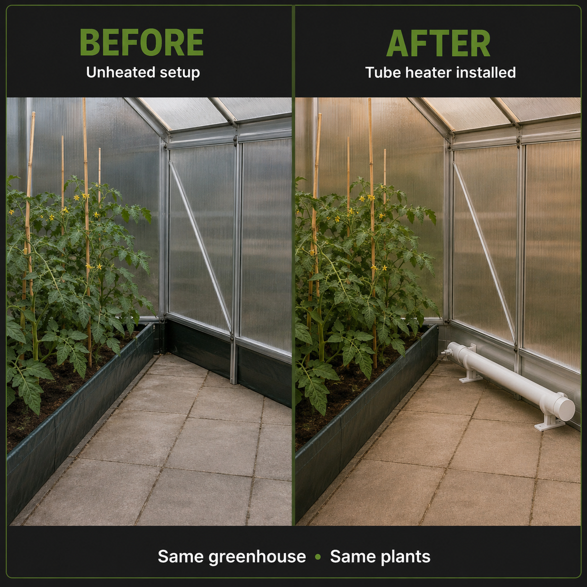 Before and after installation comparison of the same tomato greenhouse without and with a Cultiv8 Tube Heater.