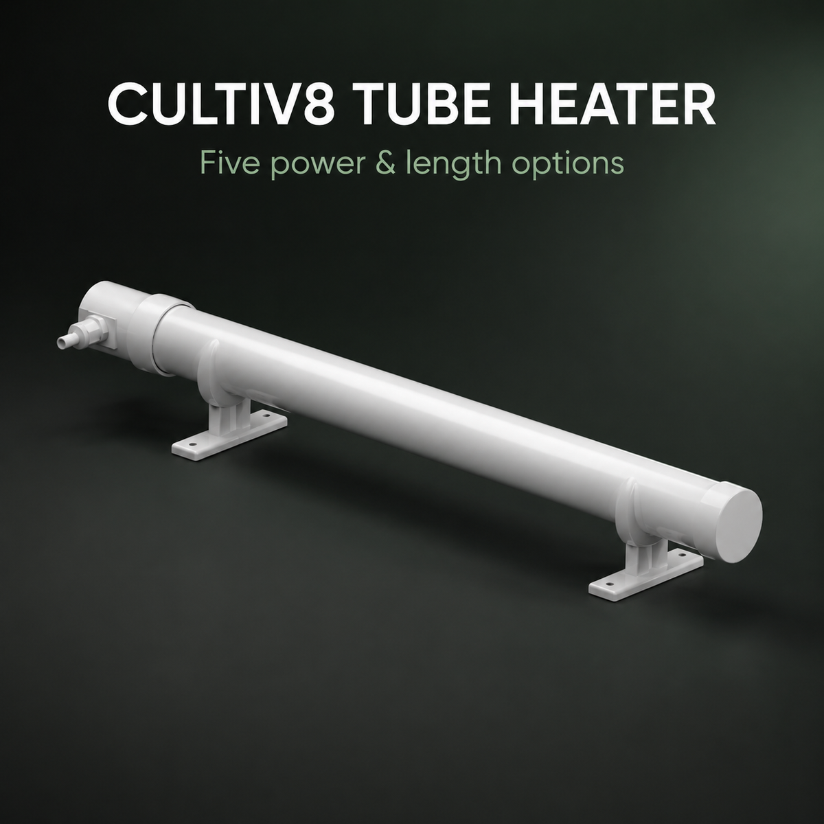 Premium three-quarter 3D render of the white Cultiv8 Tube Heater with two mounting feet on a dark green background.