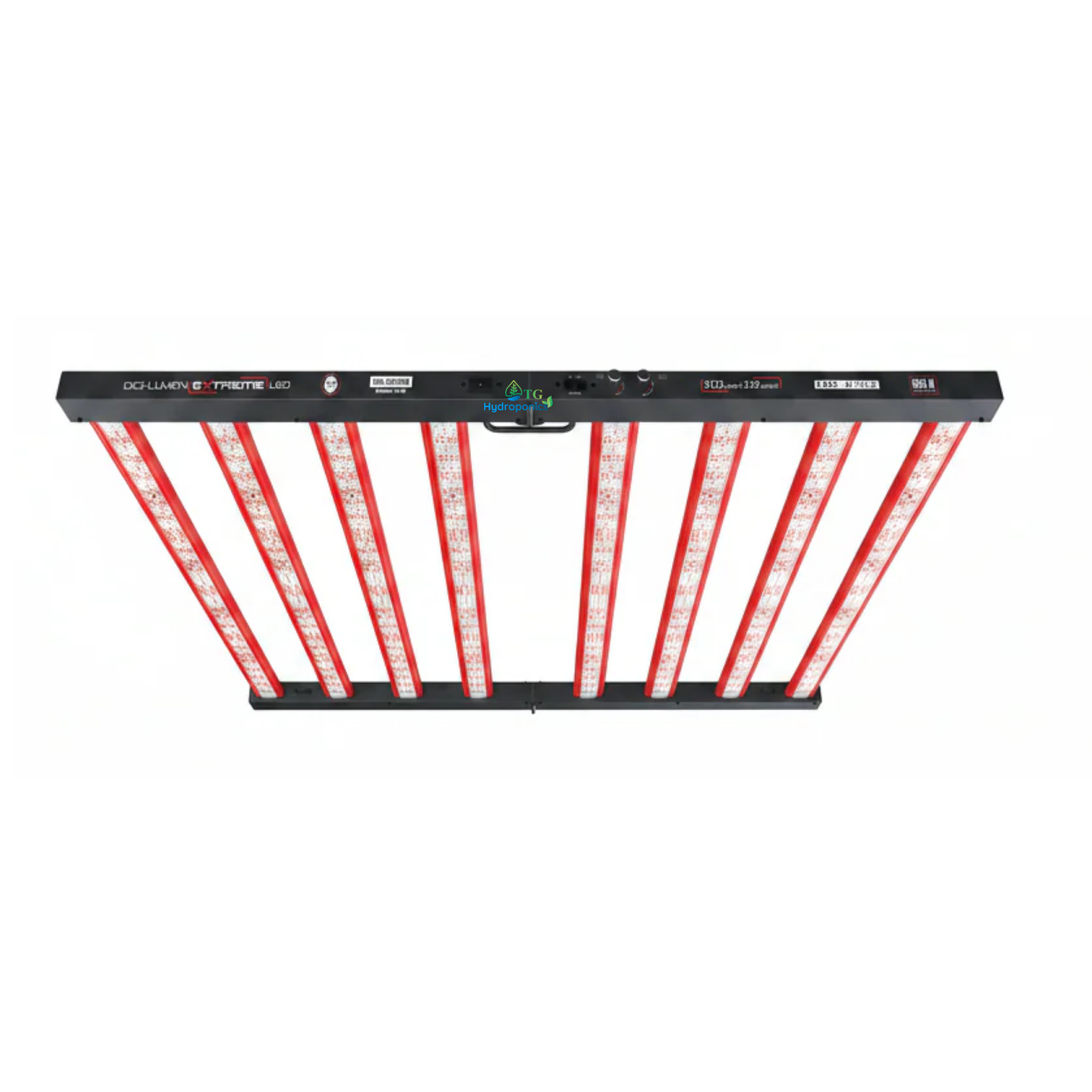 LED grow light with red and white design on a white background