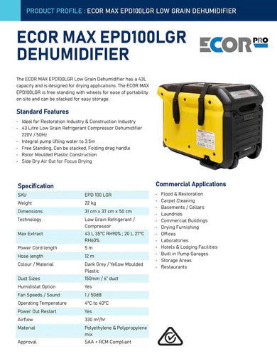 Ecor Pro Dehumidifier EPD100LGR 43 Litres / Day