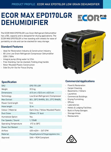 Ecor Pro Dehumidifier EPD170LGR 80 Litres / Day