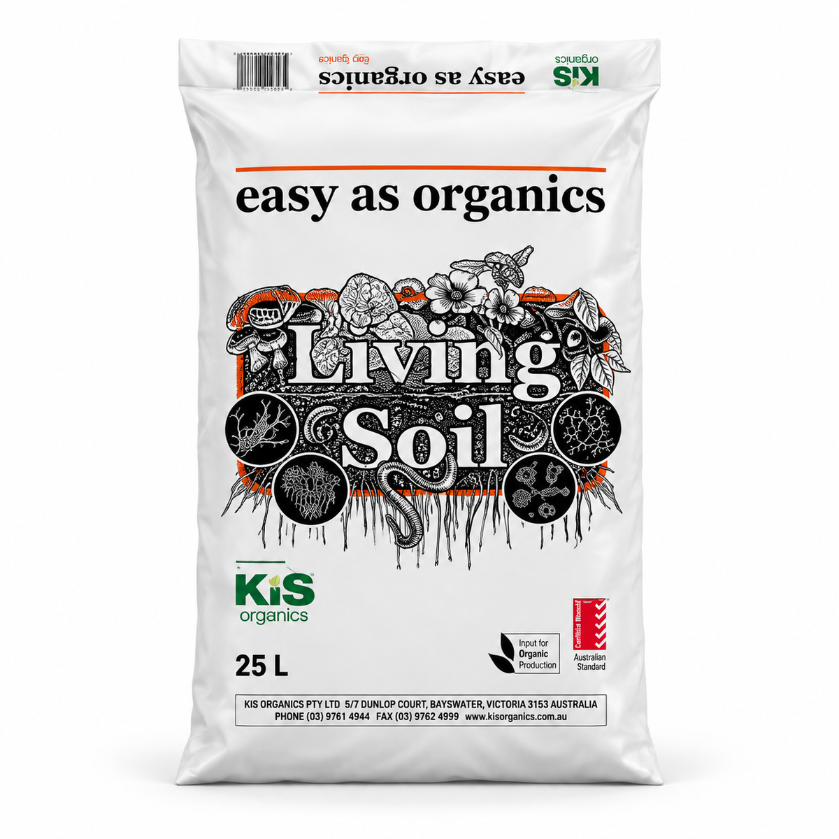 AI-created clean front-facing render of Easy as Organic Living Soil 25L on a white background