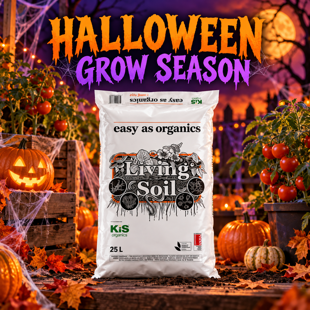 AI-created Halloween hero featuring Easy as Organic Living Soil 25L with pumpkins and tomato plants
