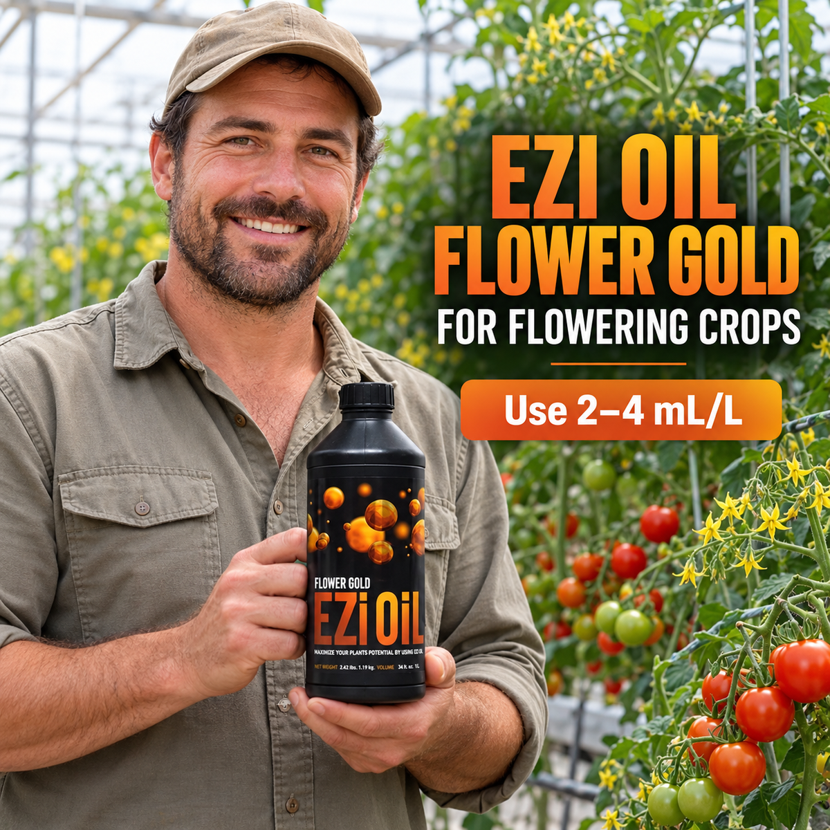 Adult Australian tomato greenhouse grower holding a closed Ezi Oil Flower Gold 1L bottle with the 2-4 mL/L label rate.