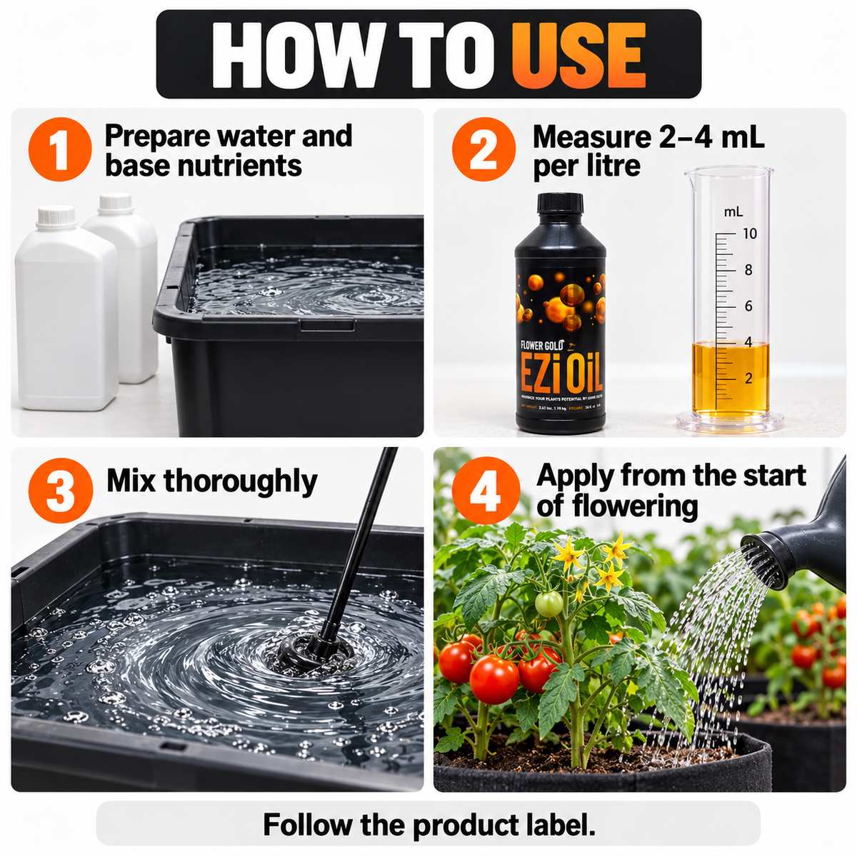 Four-step Ezi Oil Flower Gold guide: prepare water and base nutrients, measure 2-4 mL/L, mix thoroughly and apply from flowering onset.