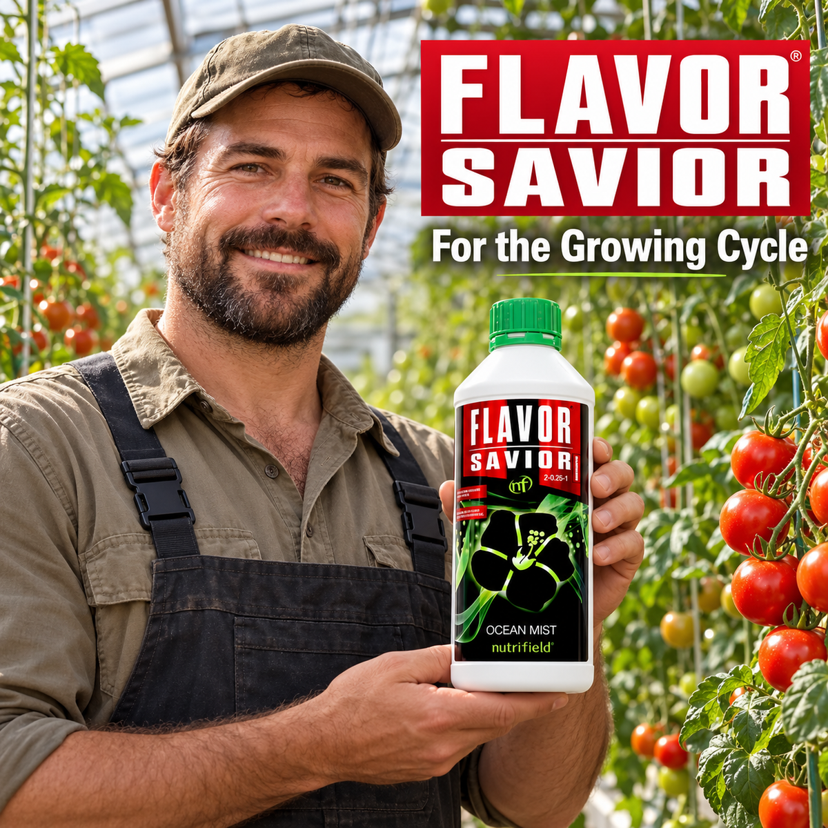 Adult Australian tomato greenhouse grower presenting a closed 1L bottle of FLAVOR SAVIOR.