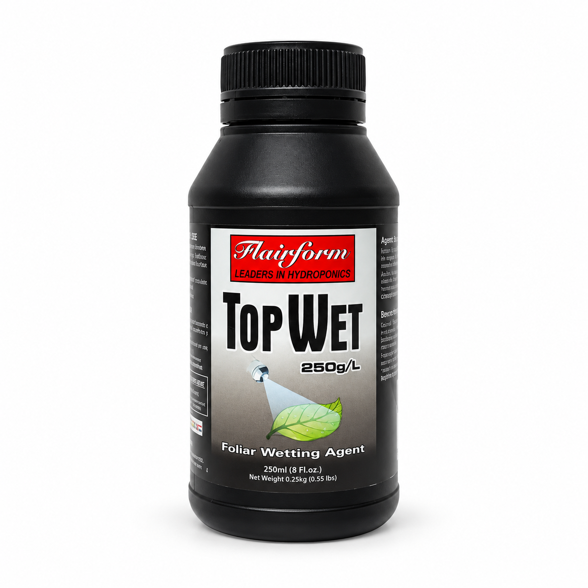 AI-created clean product render of the Flairform TopWet 250 mL foliar wetting agent bottle on white.