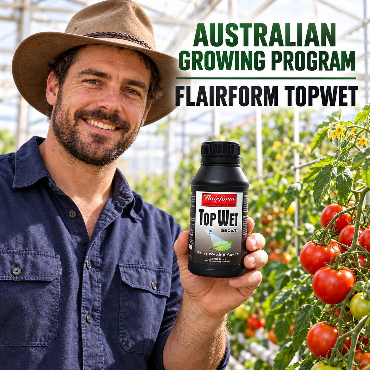 AI-created Australian greenhouse grower holding a Flairform TopWet 250 mL bottle beside tomato plants.