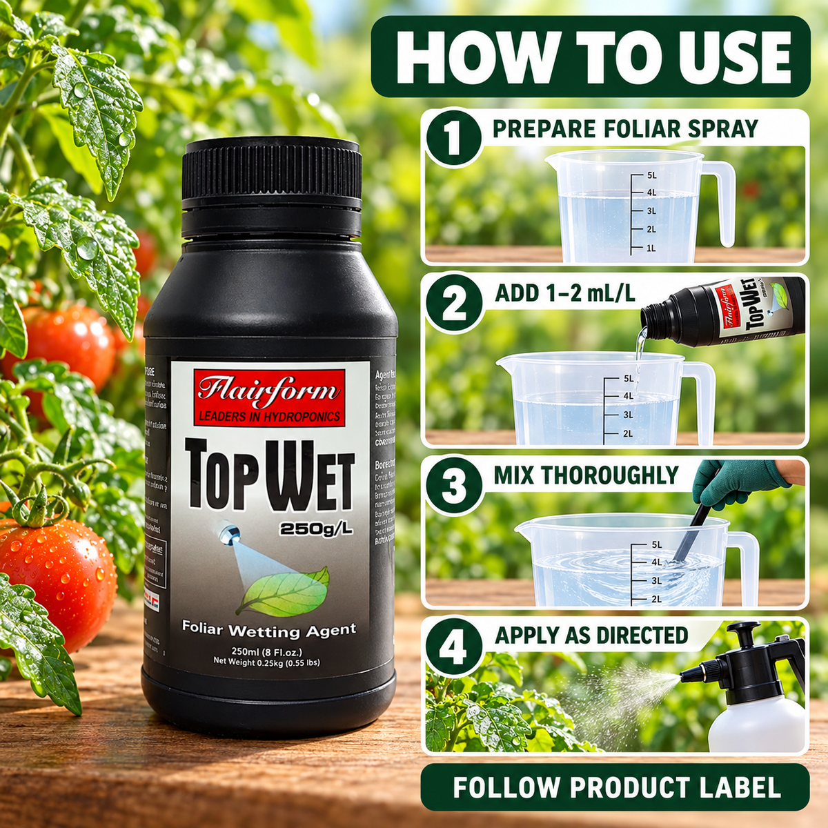 AI-created Flairform TopWet mixing guide showing 1–2 mL per litre and label-directed foliar application.