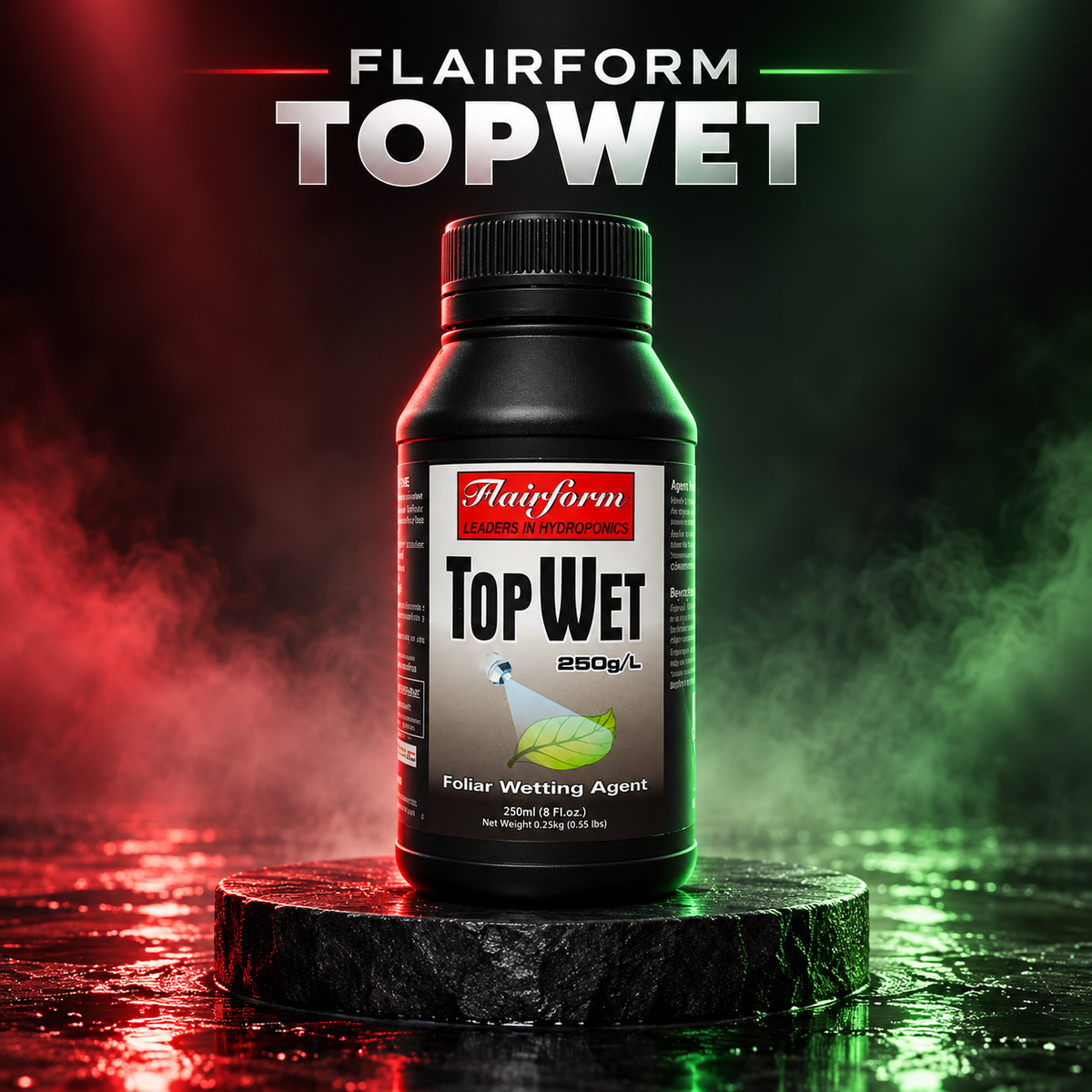 AI-created premium 3D-style render of the Flairform TopWet 250 mL bottle on a dark pedestal.