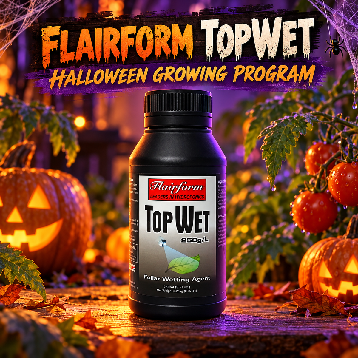 AI-created Halloween hero featuring the Flairform TopWet 250 mL bottle with pumpkins and tomato foliage.