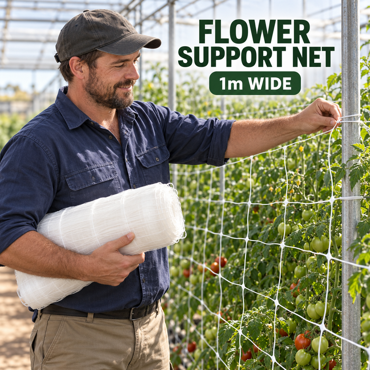 Adult Australian greenhouse grower holding and securing Flower Support Net 1m Wide beside tomato plants.