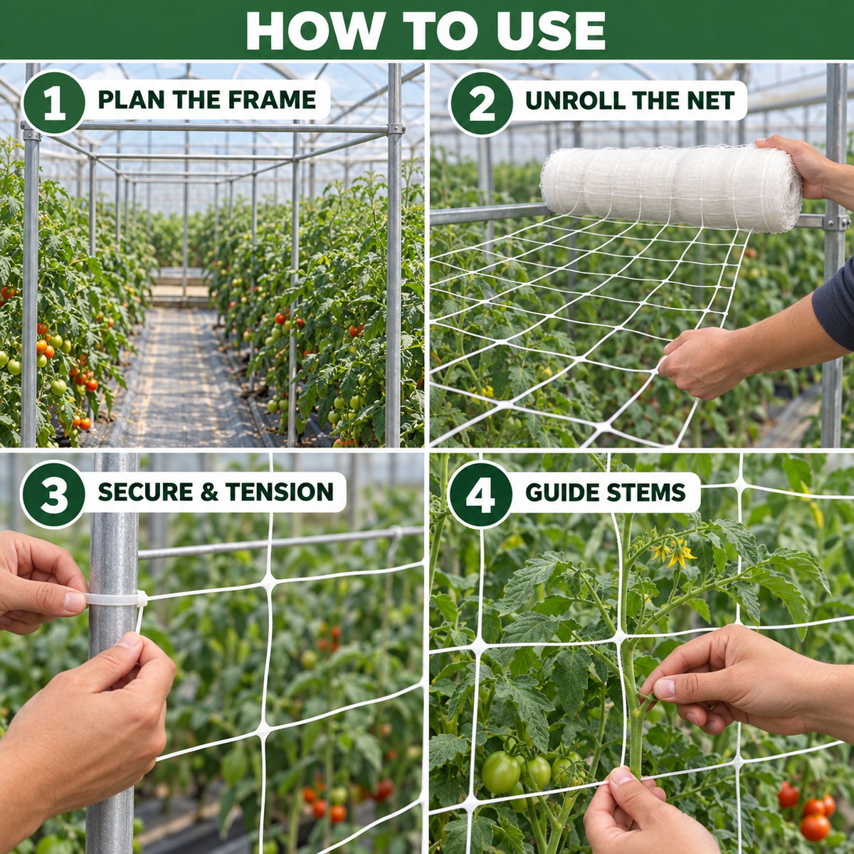 Four-step Flower Support Net 1m Wide guide: plan the frame, unroll the net, secure and tension it, then guide stems.