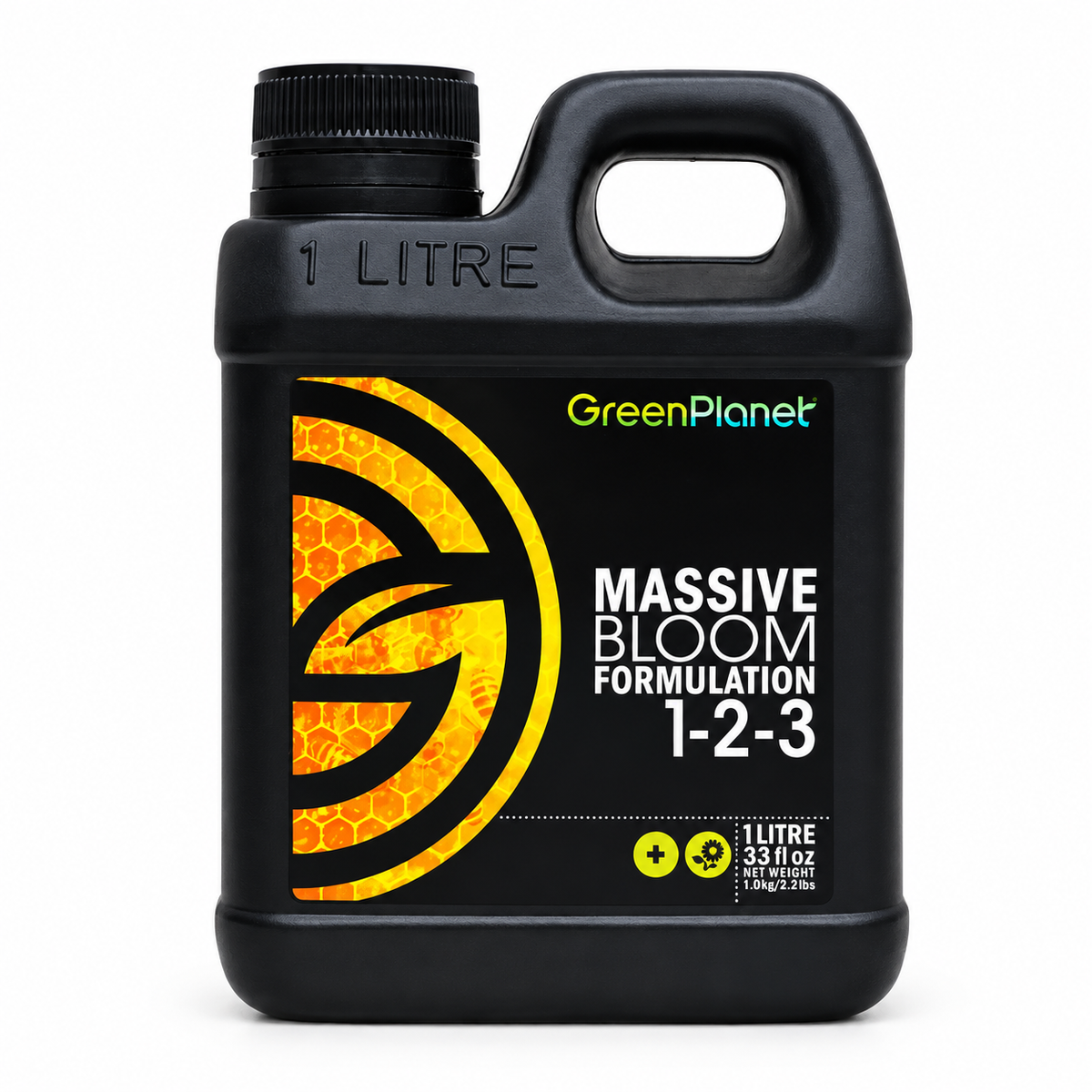 AI-created clean render of the GreenPlanet Massive Bloom 1L black handled bottle with yellow-orange label on a white background.