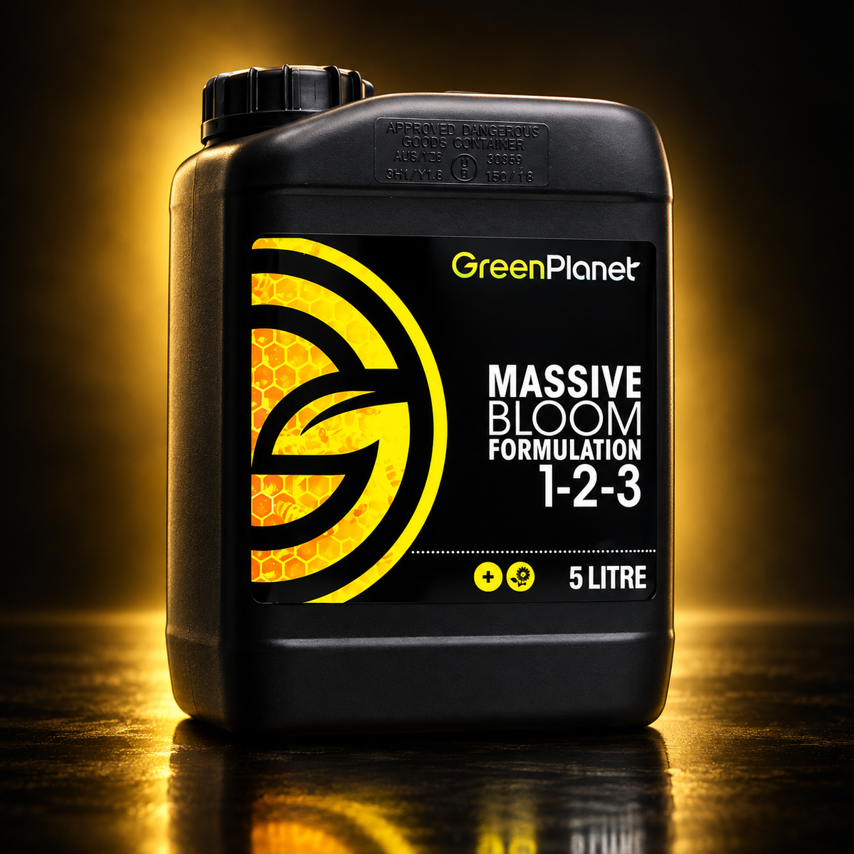 Premium three-quarter render of the black GREEN PLANET MASSIVE BLOOM 5L jug with yellow-orange label on a dark gold studio background.
