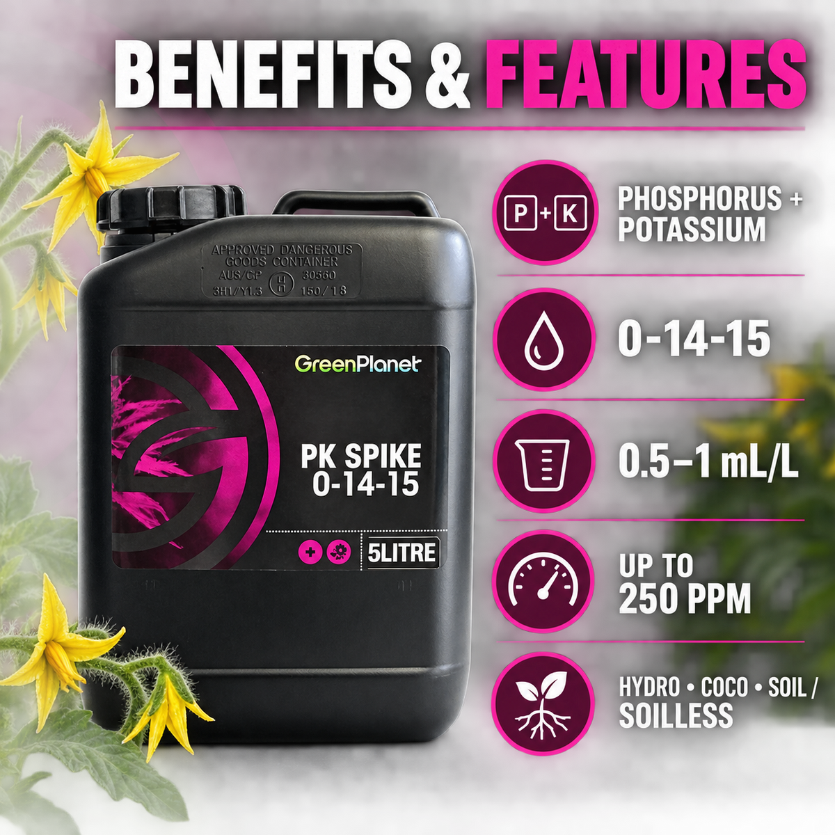 GREEN PLANET PK SPIKE features infographic showing phosphorus and potassium, 0-14-15 analysis, 0.5–1mL/L rate, up to 250 PPM and media compatibility.