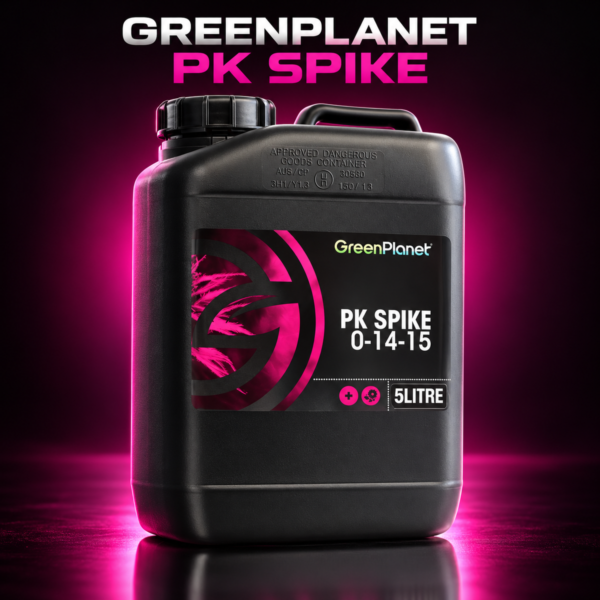 Premium three-quarter render of the black GREEN PLANET PK SPIKE 5L jug with magenta 0-14-15 label on a dark studio background.