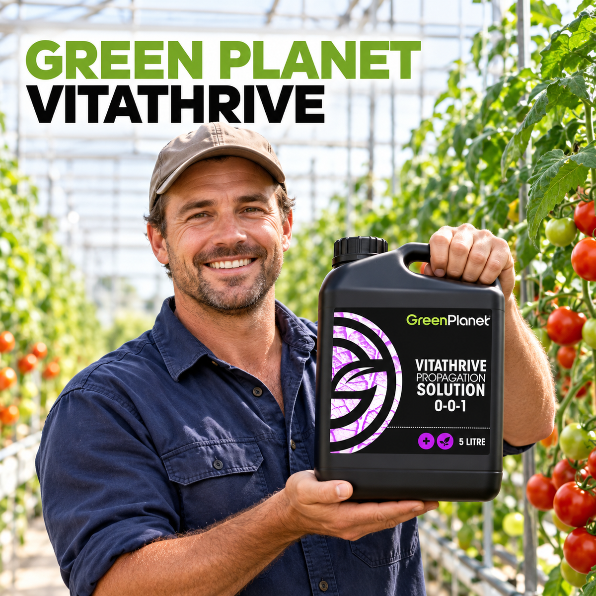 Adult Australian tomato greenhouse grower presenting a closed black 5L jug of GREEN PLANET VITATHRIVE.