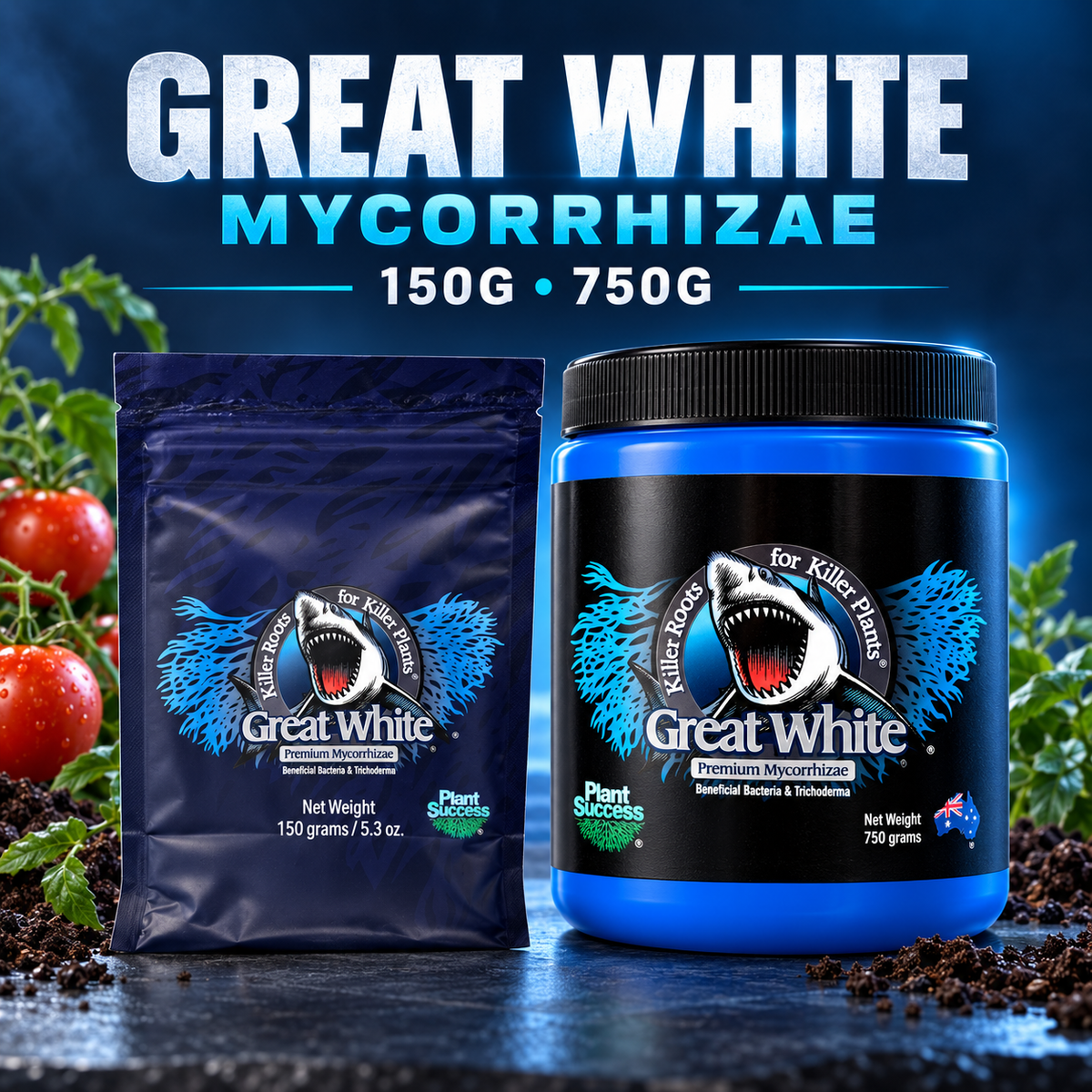 Premium three-quarter render of the Great White Mycorrhizae 150G pouch and 750G jar on a dark blue studio background.