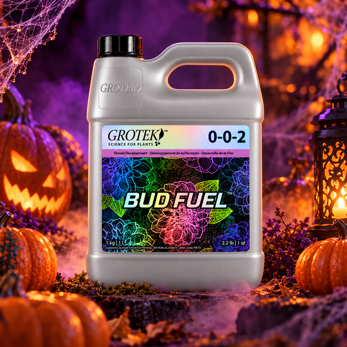AI-created Grotek Bud Fuel Halloween hero with pumpkins, purple light and orange accents.