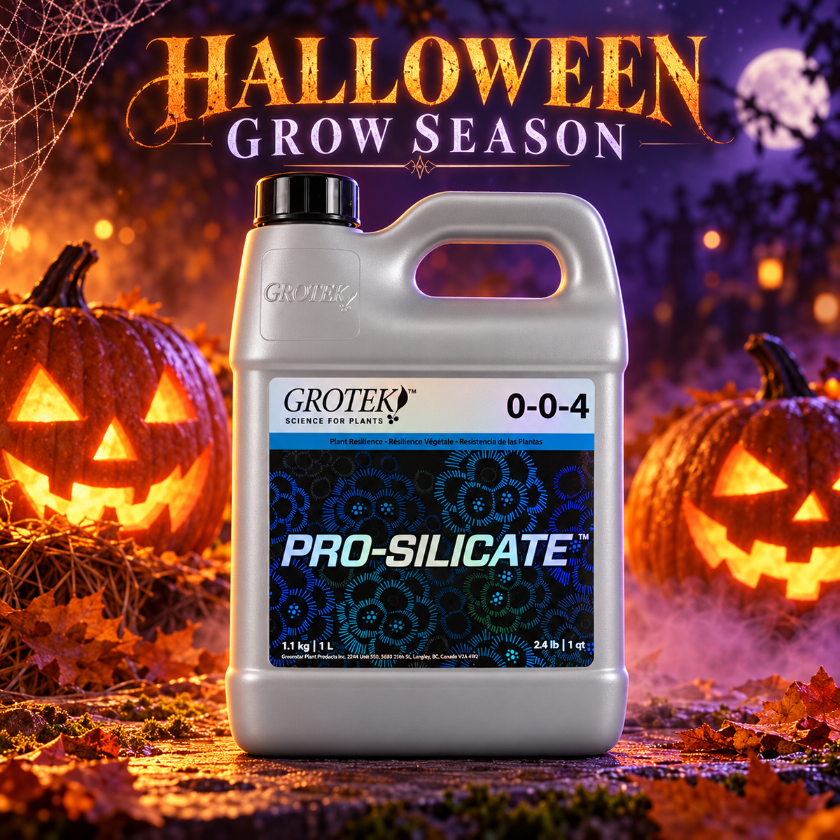 AI-created Grotek Pro Silicate Halloween hero with pumpkins, cobwebs and orange-purple lighting.