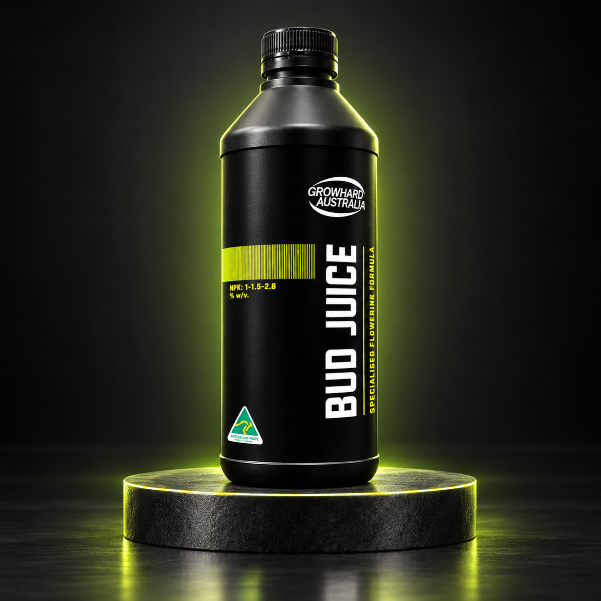 AI-created premium studio render of the black and lime Growhard Bud Juice 1L bottle on a dark pedestal.