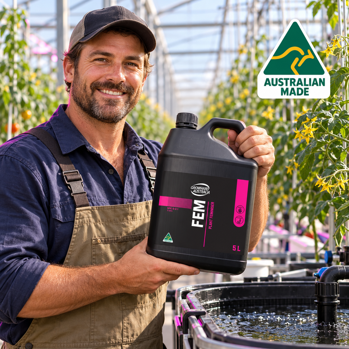 Adult Australian tomato greenhouse grower holding a closed Growhard FEM 5L jug beside a hydroponic nutrient reservoir.